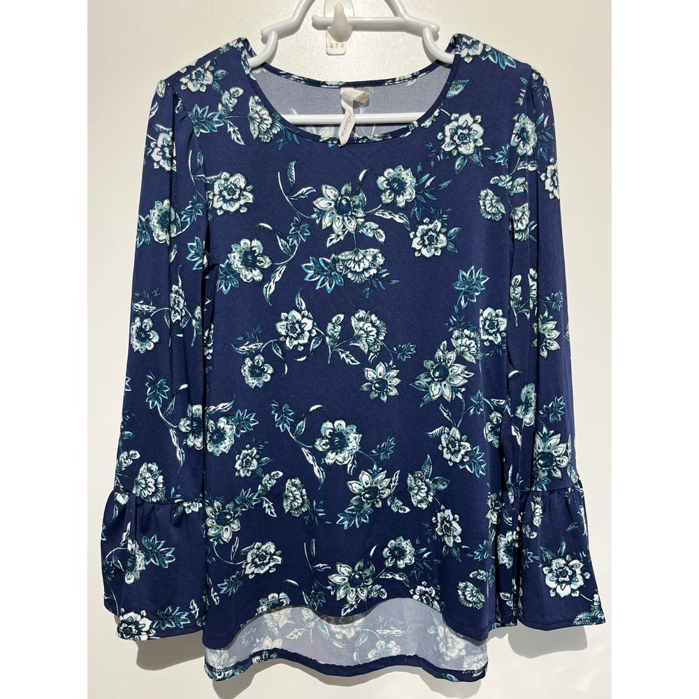 R&W‎ Collection Navy Blue Floral Bell Sleeve High-Low Blouse Medium